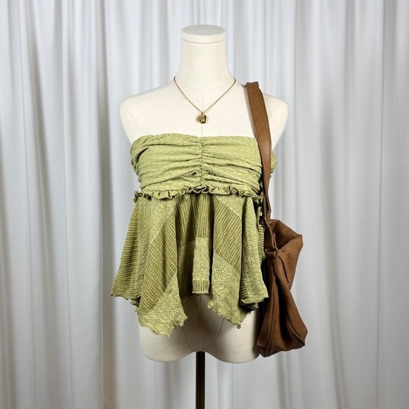 Urban Outfitters Tops - Urban Outfitters Smocked Ruched Tube Top Green Boho Patchwork Peplum